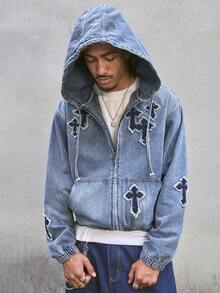AXEPEAK Men's Washed Applique Embroidery Denim Jacket, Aqua Blue Autumn Streetwear City Break High-End Cross Jean Jacket, Grunge, Urban, Work - Blue - View 6