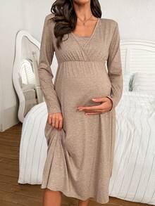 Moonlight&Mama Váy ngủ dài tay cho bà bầu mềm mại và thoải mái - Cà phê nâu - Xem 3