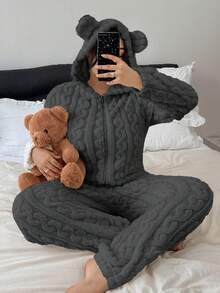 Dream Adore Plus Size Women's Animal Pattern Teddy Bear Embroidery Jacquard Cozy Hooded Jumpsuit Pajamas - Grey - View 4