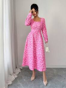 Rafferiza Robe longue à manches longues Raffinéa, élégante et romantique, avec un motif floral texturé. Tissu jacquard gaufré. Convient pour les réunions entre sœurs, les rendez-vous de couple, une tenue élégante et romantique. - Rose bonbon - Voir 4