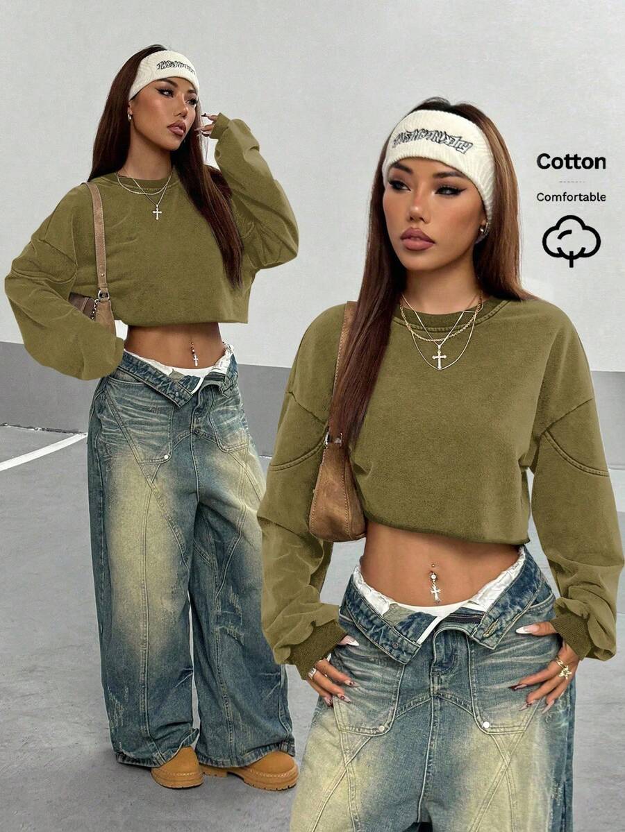 StreetHx Women's Solid Color Crew Neck Loose Boxy Cropped Washed Sweatshirt - Green - View 1