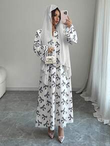 Yasmyna 女士雪纺蝴蝶结印花宽松长袖阿拉伯连衣裙 - 黑色 - 查看 4