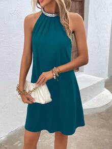 SHEIN LUNE Đầm hở lưng hở lưng sequin tương phản cho trang phục đi biển dành cho nữ - Màu xanh ngọc - Xem 5
