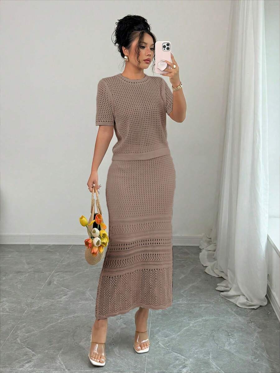 Elenzga 2025 New French Style White Hollow Out Short Sleeve Top + Skirt 2 Pieces Set, Spring - Camel - View 1