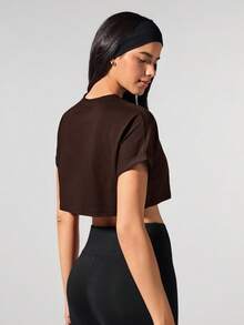 Fluxe 纯色针织圆领宽松短款休闲女式T恤 - 棕色 - 查看 3