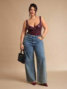 SHEIN BAE Plus Size Women's Burgundy Lace PU Bustier, Fishbone Bodysuit,Autumn/Winter Solid Wine Red Elastic PU Camisole, Women's Bralette, Wine Red Bra Top, Ladies' Vest Cami, Autumn/Winter Base Layer Cami, Party Cocktail Event - Burgundy - View 2