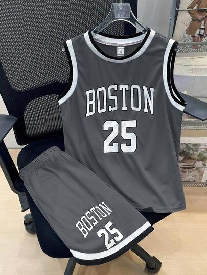 Tween Boy Sports Streetwear Knit Mesh Crew Neck Sleeveless Tank Top And Shorts Set, Suitable For Outdoor, Sports, Spring/Summer