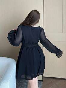 Vibekara Spring, Summer, Fall, Elegant, Vacation French Retro Chiffon & Lace Bow Tie Decor Soft Waist Slimming Halter Ruffle Hem Long Sleeve Dress Women Short Skirt Flared - Black - View 2