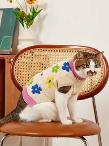 PETSIN 1件宠物猫狗通用甜美可爱花朵图案针织提花保暖舒适弹力无袖高领狗狗毛衣 - 彩色 - 查看 3