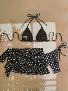 Bonvoyette Bộ bikini 3 mảnh hở lưng chấm bi gợi cảm cho nữ, kỳ nghỉ ở bãi biển - Đen và trắng - Xem 4