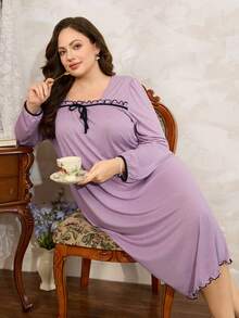 Côtesoire 大码女式浅灰紫色简约方领荷叶边灯笼袖柔软垂坠舒适针织面料中长连衣裙，休闲甜美家居服 - 淺灰紫 - 查看 5