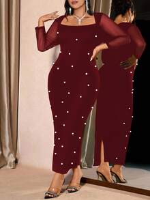 Cravure Đầm dài tay ôm dáng thanh lịch cổ thiên nga màu trơn cỡ lớn cho nữ - Màu Đỏ Sâu - Xem 3