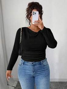 Elenzga Áo thun dài tay ôm sát cổ bèo nhún họa tiết cổ điển cỡ lớn cho nữ RosyDaze - màu đen - Xem 3