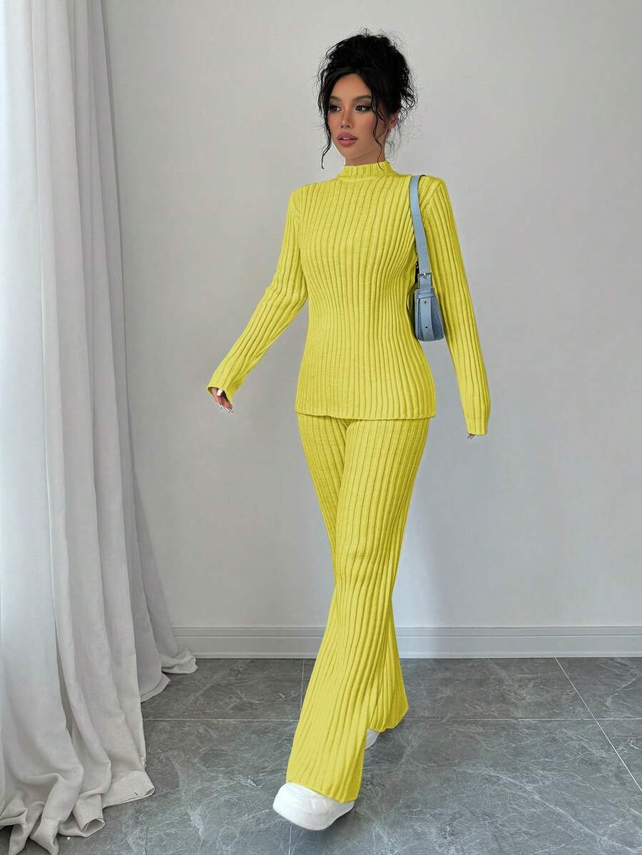 SHEIN PETITE 女款淺綠色秋季休閒居家兩件式針織毛衣套裝,優雅專業辦公通勤穿搭,復古斯德哥爾摩街頭風外出上衣,適合嬌小女性 - 鵝黃色 - 查看 1