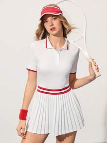 CourtClass Women's Contrast Color Polo Collar Short Sleeve Sports Dress Tennis Dress Short Sleeve Tennis Dress Pleated Tennis Dress Polo Dress Golf Tennis Dress - White - View 5