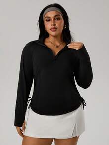Rhythm Era Rhythm Era Plus Size Women's Black Summer Athletic Gym Sports Sweatshirt,Yoga Running Fitness Tight Long-Sleeve With Thumb Holes & Waist Drawstring - Black - View 4