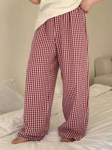 Dazy Plus 大码女式格子休闲宽松直筒睡裤，松紧腰，春秋季睡衣 - 紅色 - 查看 3