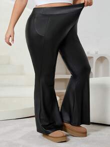 SHEIN CURVE+ Quần bó ống loe màu đen, chất liệu da PU thường ngày, đa năng, cỡ lớn dành cho nữ/2026/Năm mới - màu đen - Xem 4