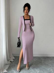 SHEIN Elenzya 两件套女士优雅撞色长袖开衫吊带裙套装，适合派对、家庭聚会、圣诞节、万圣节、情人节、新年、通勤和日常休闲穿着，秋冬季 - 紫色 - 查看 5