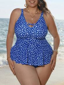 Swim Lushoire 2026夏季女士优雅度假波点印花修身加大码吊带泳衣，新年度假沙滩装 - 藍色 - 查看 3