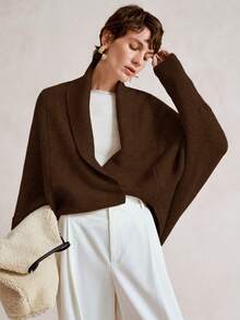 SHEIN Stylify 女士秋冬新款不对称下摆宽松针织开衫，优雅高端时尚，适合日常通勤 - 咖啡棕 - 查看 6
