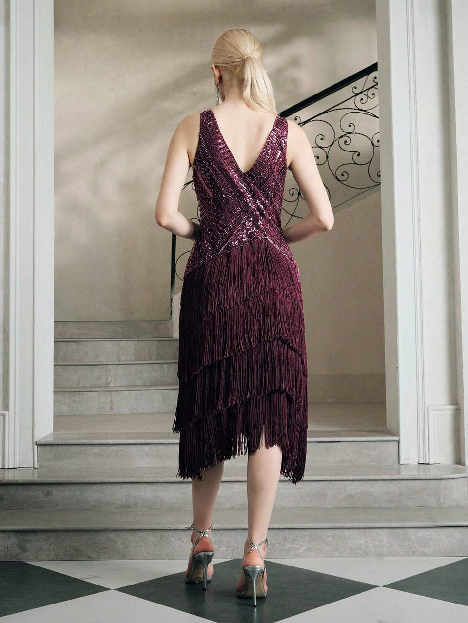 Women's Fashionable New Sexy Sequin Tassel Backless Elegant Ball Gown