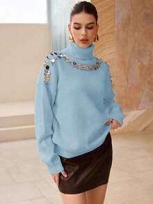 Modelyn Sweater Wanita Modis Buatan Tangan dengan Hiasan Payet, Leher Tinggi, dan Bahu Longgar, Lengan Panjang - Biru - View 5