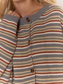MUSERA Button Through Oversized Stripe Knit Cardigan Cute Cool Girl Cosy Winter Everyday Clean Girl Casual  Cottage Core Old Money Butterscotch Evening Party Elegant  Spring Sweater Vacation - Dark Grey - View 6
