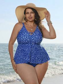 Swim Lushoire 2026夏季女士优雅度假波点印花修身加大码吊带泳衣，新年度假沙滩装 - 藍色 - 查看 5