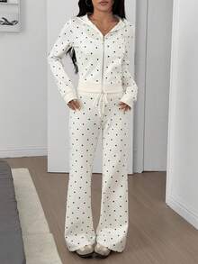 SHEIN EZwear 女士波点印花修身卫衣和喇叭裤套装 - 白色 - 查看 3