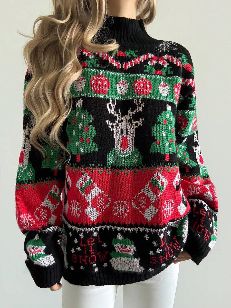 EMERY ROSE Women's Casual Reindeer Pattern Turtleneck Sweater, Suitable For Christmas, Autumn/Winter - Multicolor - View 1
