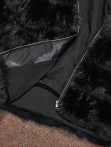 Anewsta 秋冬新款时尚淑女仿狐狸毛大衣，时尚毛茸茸面料外套 - 黑色 - 查看 9