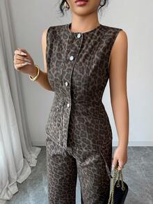 Elenzga 女士豹纹单排扣马甲和牛仔裤套装 - 棕色 - 查看 7