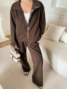 DAZY 女士时尚休闲撞色格纹卫衣裤两件套运动服套装女式连帽家居服套装 - 棕色 - 查看 7