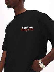 SUMWON 摩纳哥赛道图案印花宽松圆领短袖宽松T恤，适合夏季度假旅行，展现赛车运动时尚休闲风 - 黑色 - 查看 3