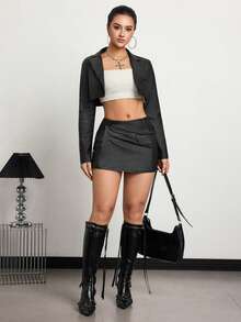 SHEIN Unity Women's Personalized Mini Skirt, Solid Color Leather Bodycon Skirt - Black - View 4