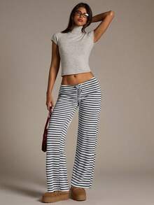 Aloruh Women's New Low Waist Brown Striped Pants, Autumn/Winter - Grey - View 3