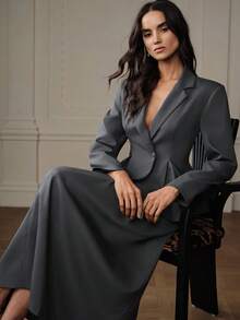 Aveloria Modichic 两件套：长袖西装外套和A字百褶裙，优雅的办公室着装 - 灰色 - 查看 1