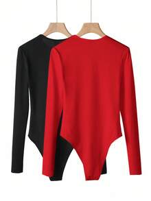 SHEIN BASICS 2件套休闲纯色针织圆领长袖连体衣，女士 - 紅色 - 查看 4