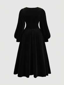 SHEIN CURVE+ Plus Size Velvet Cinched Waist Lantern Sleeve Midi Dress/Christmas Dress - Black - View 5