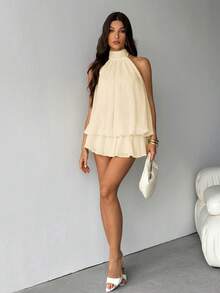 SHEIN Tall 女士优雅浅黄色吊带系带迷你连衣裙，适合派对、约会、秋冬季、春夏季穿着 - 杏色 - 查看 3