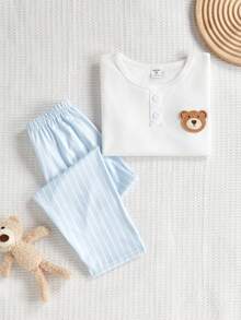 Young BoyCute Bear Embroidered Collar Open Front Loungewear Set - White - View 1