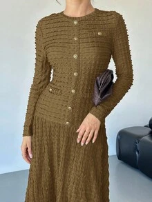 Lavishia 摩卡棕色纹理针织修身中长连衣裙，时尚 - 卡其色 - 查看 7