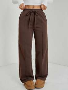 SHEIN PETITE Women's Fall Pebble Detail Straight-Leg Sweatpants,Fall,Fall Clothes For Women - Coffee Brown - View 6
