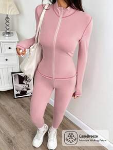 SHEIN EZwear Women's Yoga Sports Contrast Stitch Stand Collar Slim Fit Jacket And Leggings Set, Pink - Pink - View 5