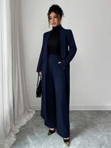 Elenzga 两件套：女士优雅翻领长袖长款外套搭配直筒裤两件套，精致优雅，适合办公室、通勤、街头风、法式浪漫、休闲、中东复古、下午茶、派对、感恩节、返校季、秋冬季等场合。 - 藏蓝色 - 查看 7