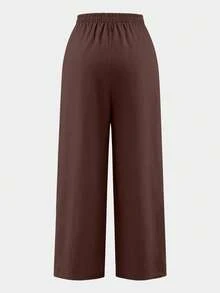 SHEIN Clasi Quần ống đứng lưng thun túi thật cỡ lớn cho nữ, màu trơn - Cà phê nâu - Xem 2