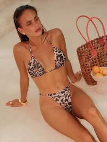 Swim Vcay 2pcs Women's Summer Beach Leopard Print Halter Tie Sexy Bikini Swimsuit Set, Random Print - Multicolor - View 1