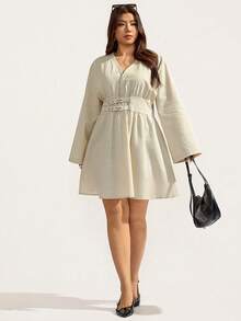 Elaquor Plus Size Women Waist Cinched Long Sleeve Apricot Casual Dress, Versatile For Daily Commute - Apricot - View 5