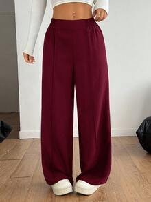 SHEIN PETITE 黑色Y2K纯色阔腿裤正装裤秋冬搭配 - 酒紅色 - 查看 3